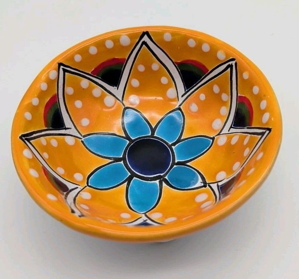 Mexican Talavera Small Pottery 3 Footed Trinket Bowl Floral Lead Free